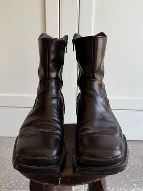 Prada FW1999 Black Leather Square Toe High Boots Archive Vibram Sole Men Size 7